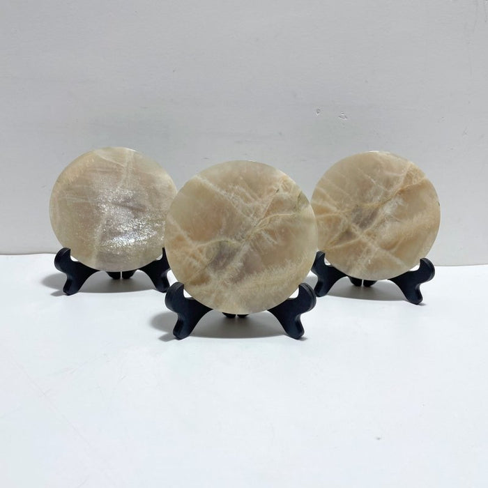 3 Pieces Blue Moonstone Round Plate Home Decoration With Plastic Base - Wholesale Crystals