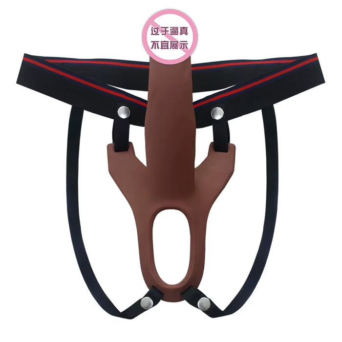7Inch Soft Silicone Strap on Dildo with Hollow Feature Male Wearing Leather Pants Couple Style