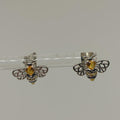 925 Sterling Silver Bee Stud Earrings with Yellow Zirconia and Filigree Wings