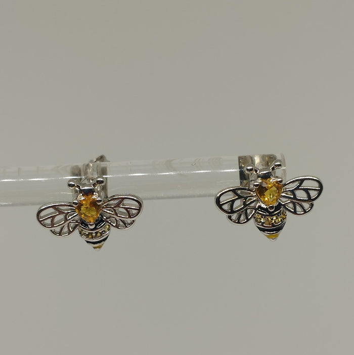 925 Sterling Silver Bee Stud Earrings with Yellow Zirconia and Filigree Wings
