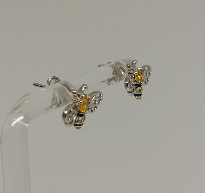 925 Sterling Silver Bee Stud Earrings with Yellow Zirconia and Filigree Wings