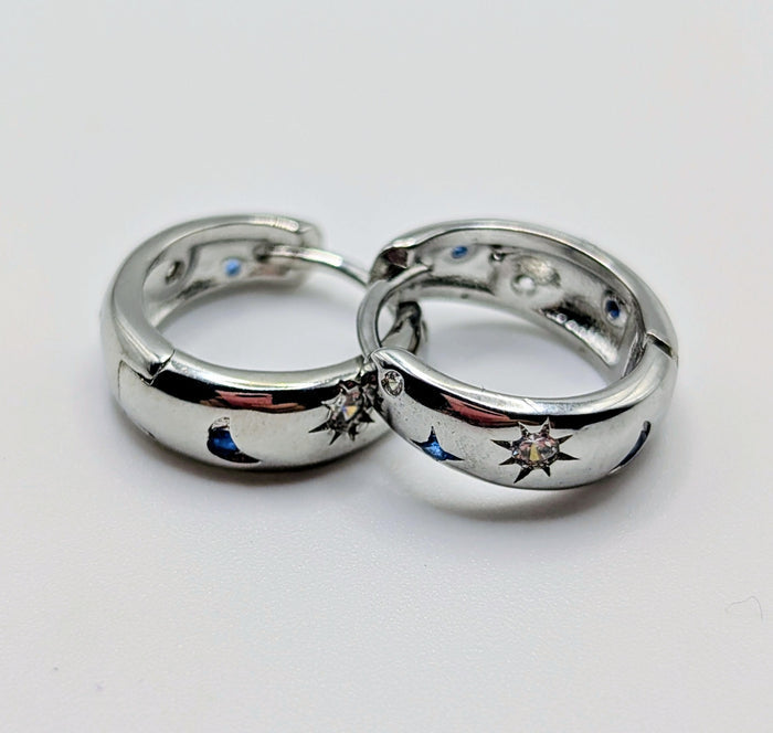 925 Sterling Silver Half Moon Face Hoop Earrings with Blue Zircon Detail