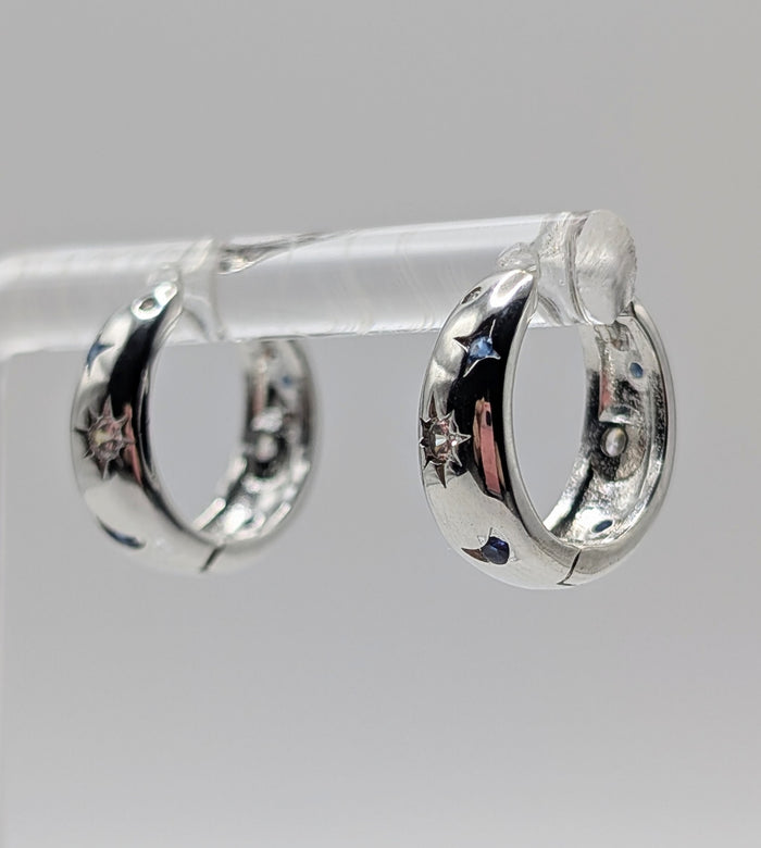 925 Sterling Silver Half Moon Face Hoop Earrings with Blue Zircon Detail
