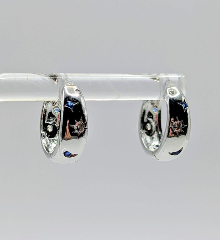 925 Sterling Silver Half Moon Face Hoop Earrings with Blue Zircon Detail