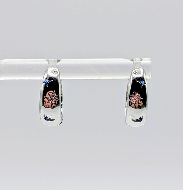 925 Sterling Silver Half Moon Face Hoop Earrings with Blue Zircon Detail