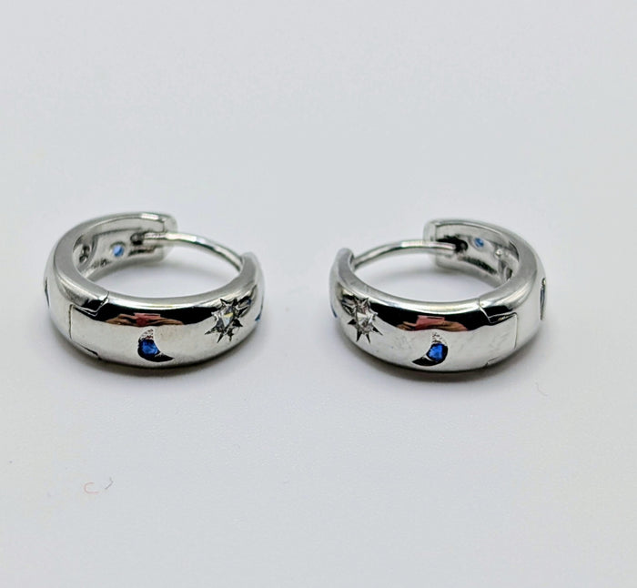 925 Sterling Silver Half Moon Face Hoop Earrings with Blue Zircon Detail