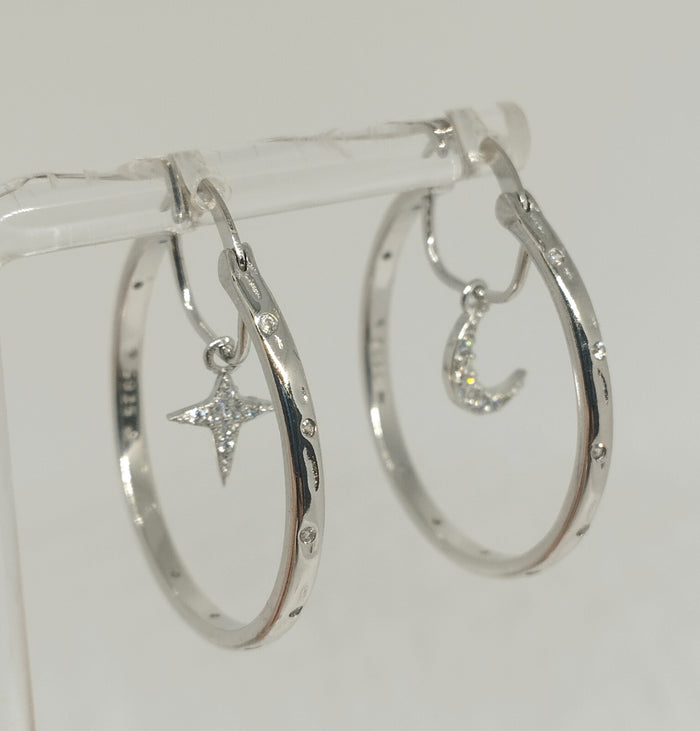 925 Sterling Silver Hoop Earrings with Dangling Star and Moon Clear Zircon Accent