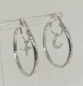 925 Sterling Silver Hoop Earrings with Dangling Star and Moon Clear Zircon Accent
