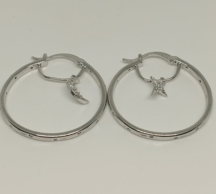 925 Sterling Silver Hoop Earrings with Dangling Star and Moon Clear Zircon Accent