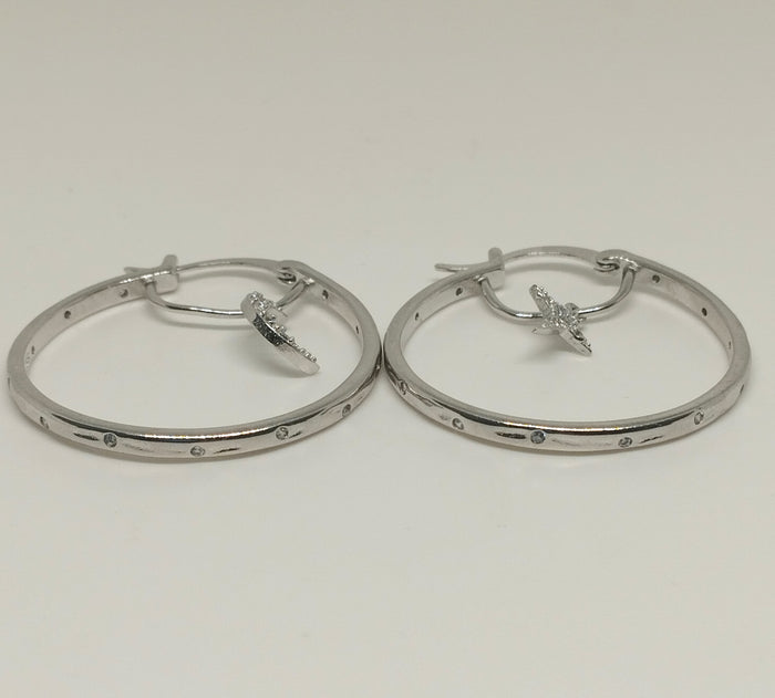 925 Sterling Silver Hoop Earrings with Dangling Star and Moon Clear Zircon Accent