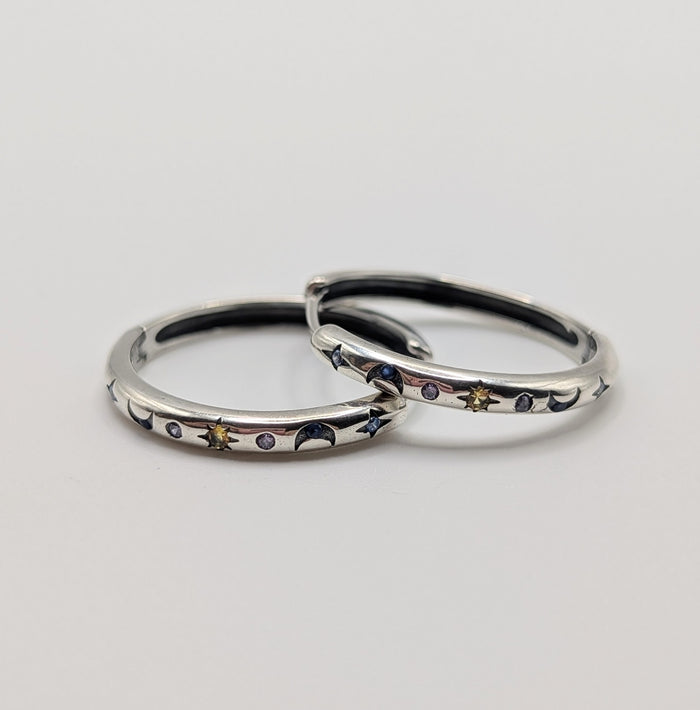 925 Sterling Silver Mid-Sized Moon and Star Hoop Earrings with Clear, Blue & Orange Zirconia