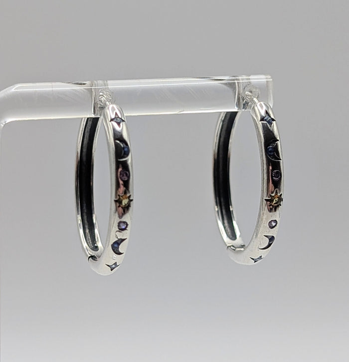 925 Sterling Silver Mid-Sized Moon and Star Hoop Earrings with Clear, Blue & Orange Zirconia