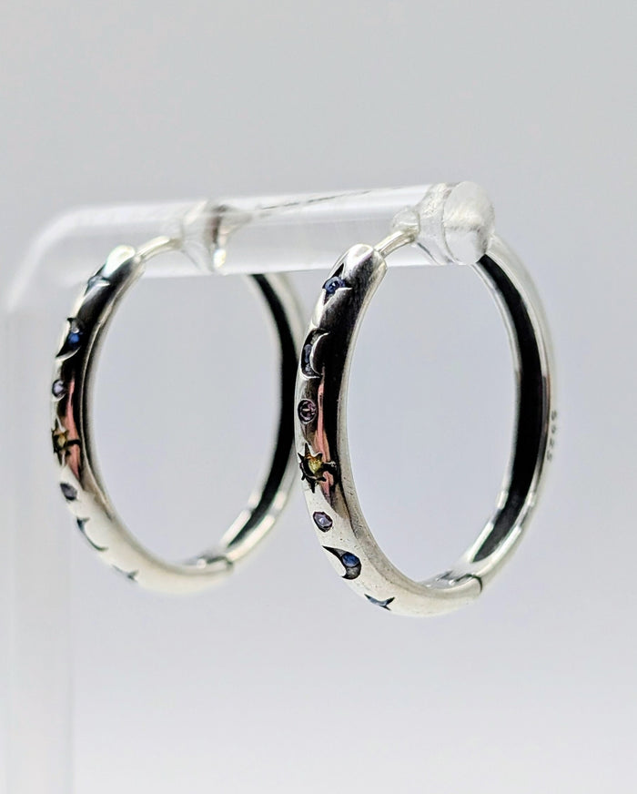 925 Sterling Silver Mid-Sized Moon and Star Hoop Earrings with Clear, Blue & Orange Zirconia