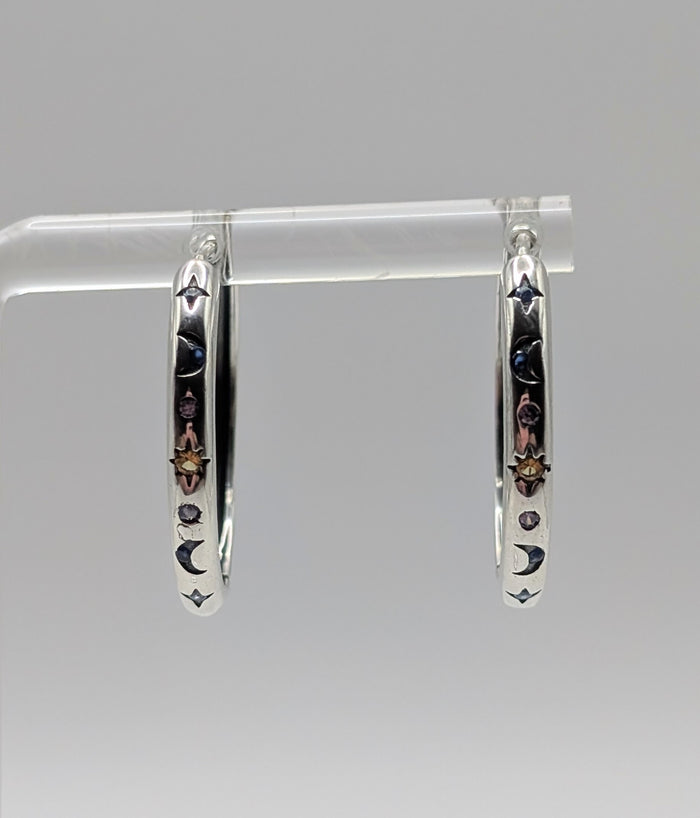 925 Sterling Silver Mid-Sized Moon and Star Hoop Earrings with Clear, Blue & Orange Zirconia