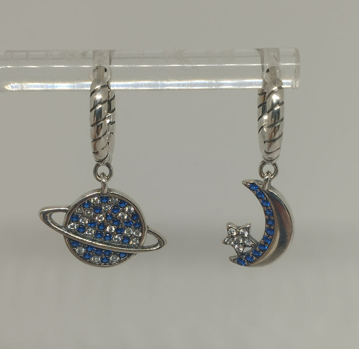 925 Sterling Silver Mismatched Planet and Crescent Moon Celestial Hoop Earrings with Blue Clear Zircon