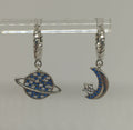 925 Sterling Silver Mismatched Planet and Crescent Moon Celestial Hoop Earrings with Blue Clear Zircon