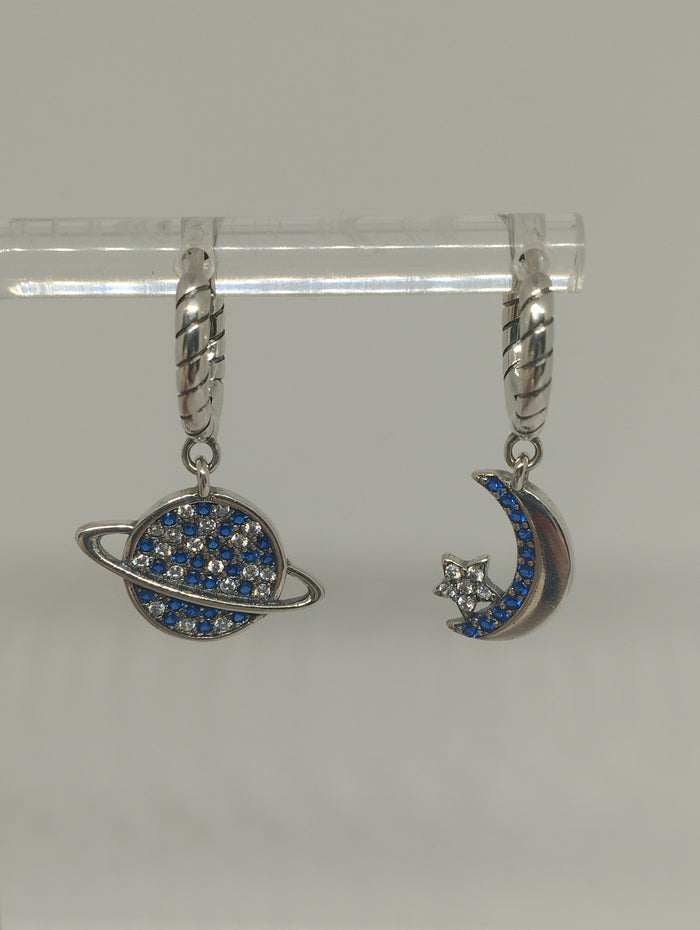 925 Sterling Silver Mismatched Planet and Crescent Moon Celestial Hoop Earrings with Blue Clear Zircon