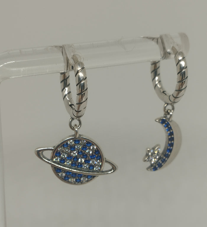 925 Sterling Silver Mismatched Planet and Crescent Moon Celestial Hoop Earrings with Blue Clear Zircon