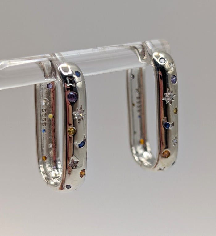 925 Sterling Silver Moon & Star Oblong Hoop Earrings with Blue, Clear and Orange Zirconia Stones