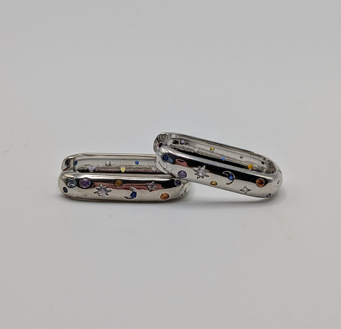 925 Sterling Silver Moon & Star Oblong Hoop Earrings with Blue, Clear and Orange Zirconia Stones