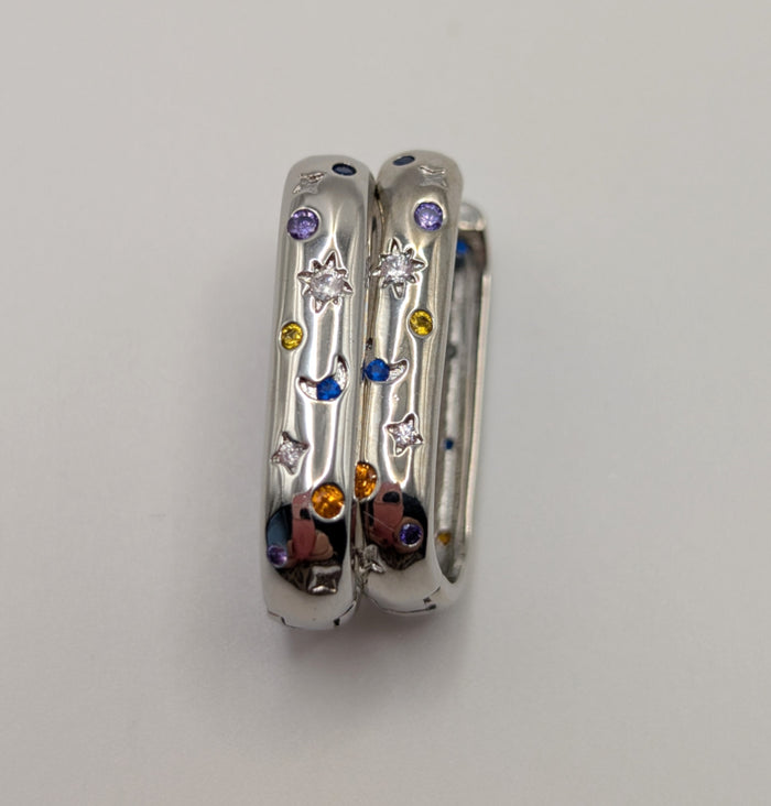 925 Sterling Silver Moon & Star Oblong Hoop Earrings with Blue, Clear and Orange Zirconia Stones