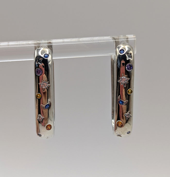 925 Sterling Silver Moon & Star Oblong Hoop Earrings with Blue, Clear and Orange Zirconia Stones