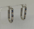 925 Sterling Silver Oblong Hoop Earrings with Moon Star Pattern and Blue Clear Zirconia Stones