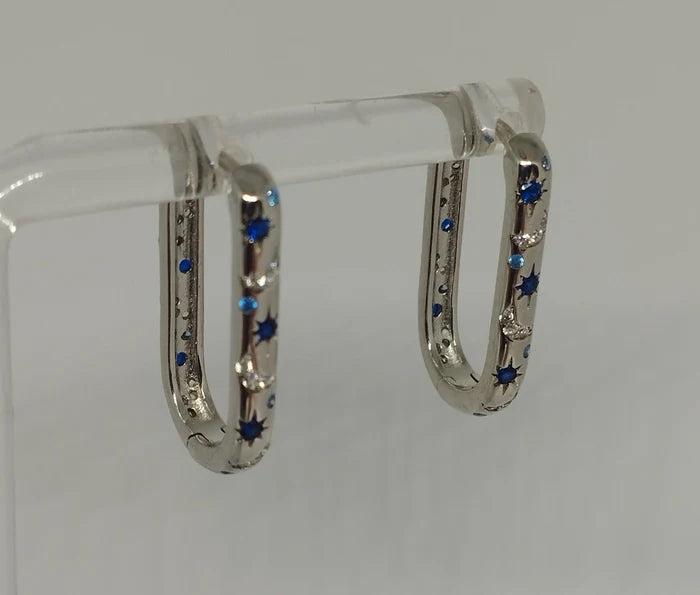 925 Sterling Silver Oblong Hoop Earrings with Moon Star Pattern and Blue Clear Zirconia Stones