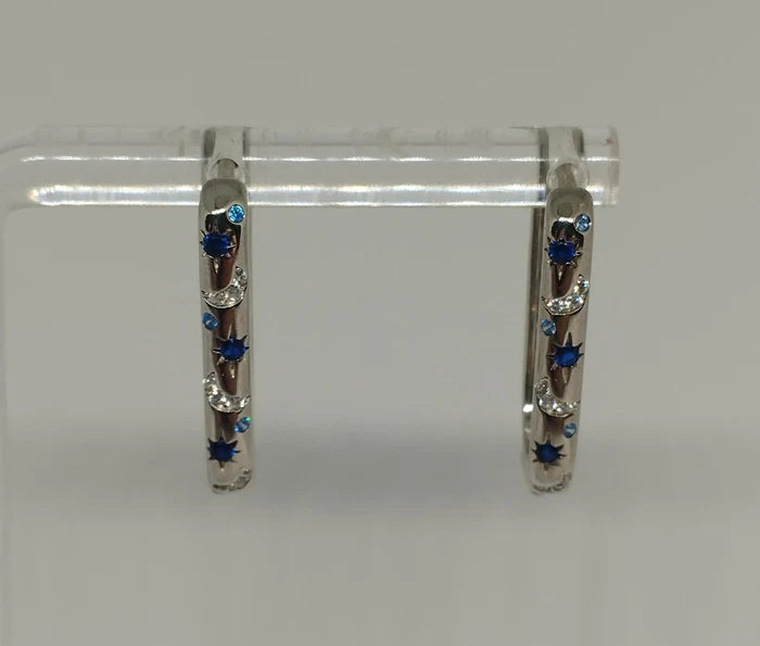 925 Sterling Silver Oblong Hoop Earrings with Moon Star Pattern and Blue Clear Zirconia Stones