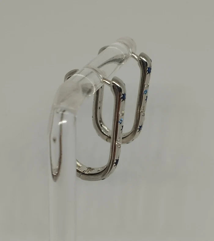 925 Sterling Silver Oblong Hoop Earrings with Moon Star Pattern and Blue Clear Zirconia Stones