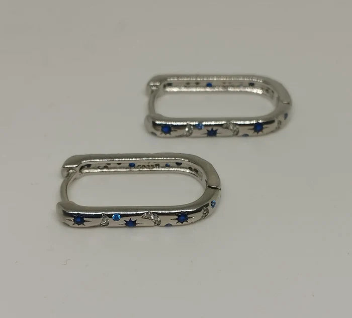925 Sterling Silver Oblong Hoop Earrings with Moon Star Pattern and Blue Clear Zirconia Stones