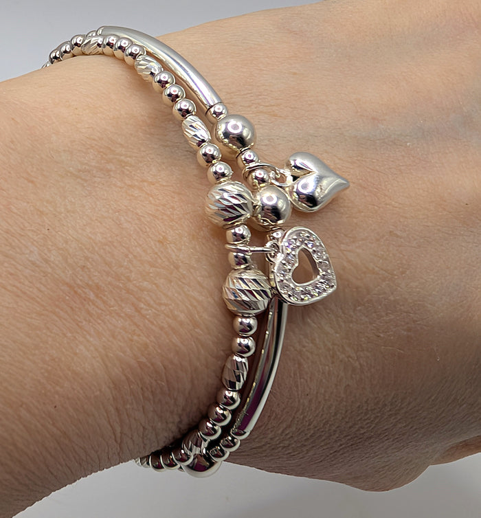 925 Sterling Silver Stretch Handmade Bracelets with Heart Charms - Set of Two
