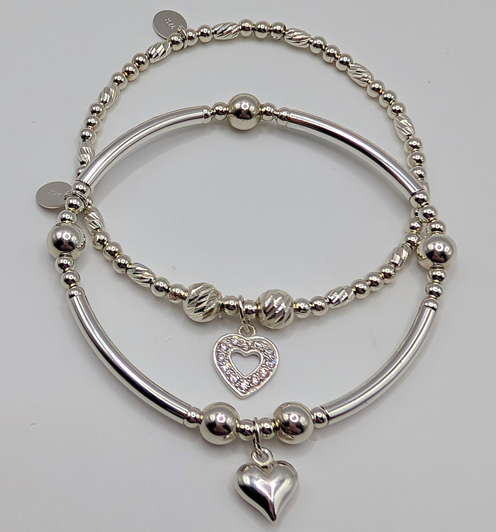 925 Sterling Silver Stretch Handmade Bracelets with Heart Charms - Set of Two