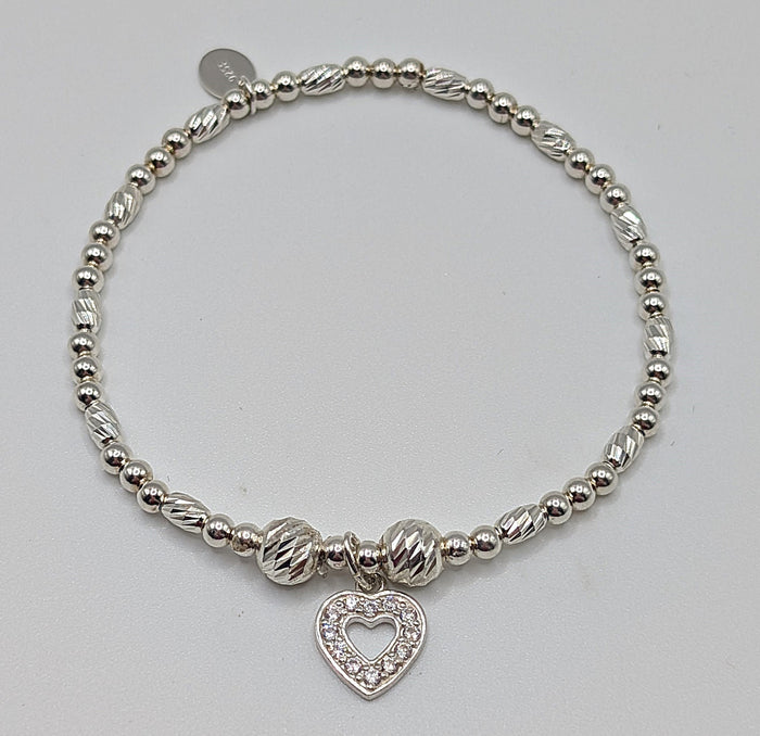 925 Sterling Silver Stretch Handmade Bracelets with Heart Charms - Set of Two
