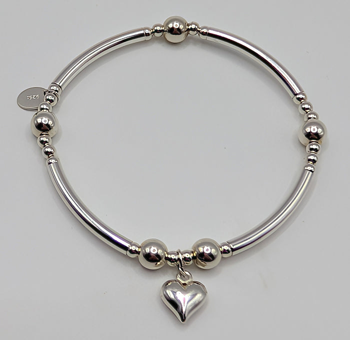 925 Sterling Silver Stretch Handmade Bracelets with Heart Charms - Set of Two