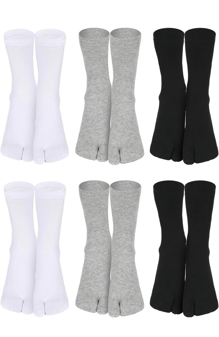 A set of 3 essential two toe Tabi sock pairs in White, Grey & Black