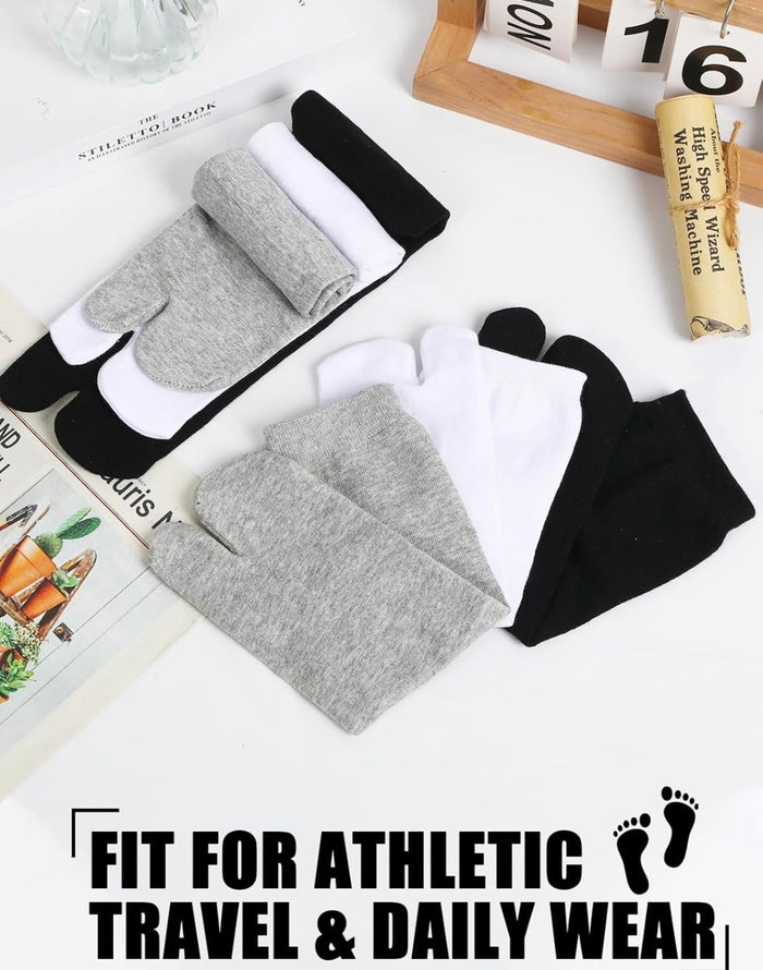 A set of 3 essential two toe Tabi sock pairs in White, Grey & Black