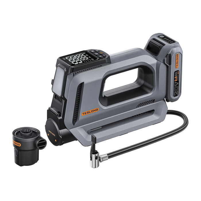 Teslong AC-W01 portable tire inflator with 20V removable battery, air hose, and high-volume nozzle