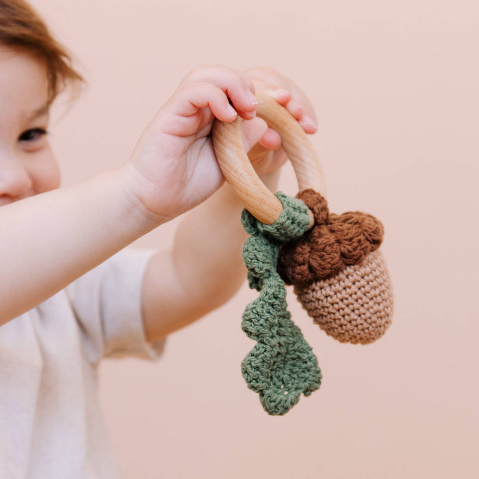 The Blueberry Hill Teether Acorn Cotton Rattle Baby Gift Spring Summer Fall