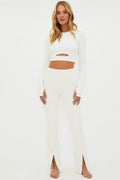 high waist flare leggings with white waffle fabric