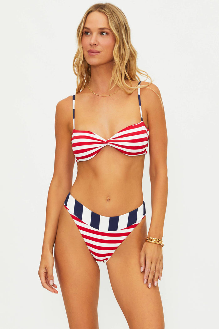 High cut swim bottoms with a red white and blue American flag colorblock.
