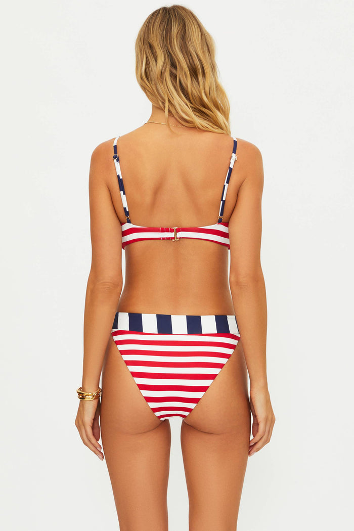 High cut swim bottoms with a red white and blue American flag colorblock.