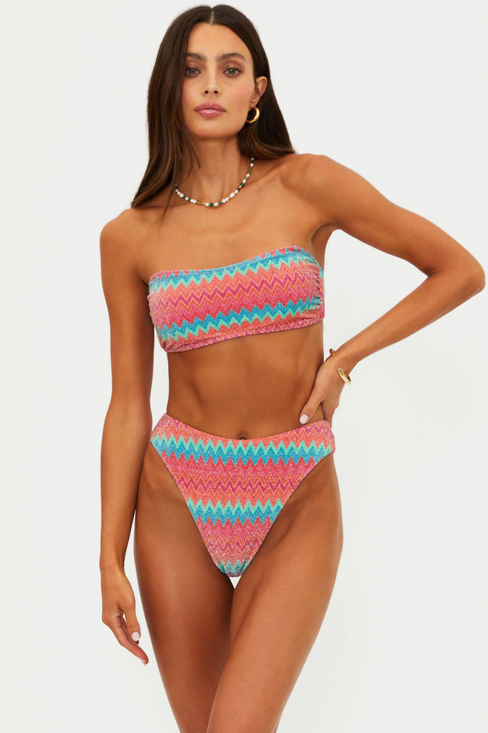 High cut swim bottoms with a blue, orange, pink chevron colorway with shimmer.