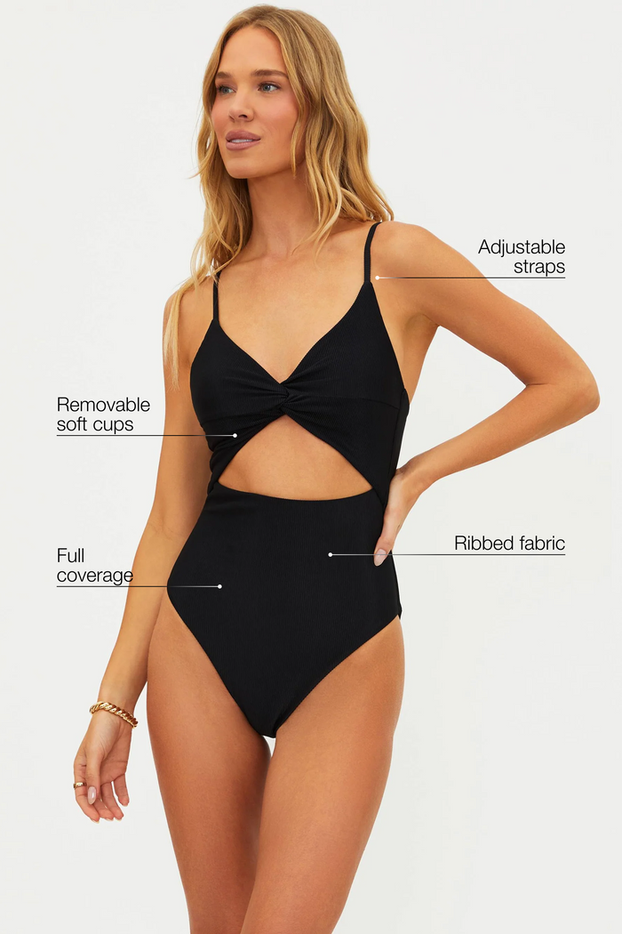 black ribbed one piece swim suit with cut out