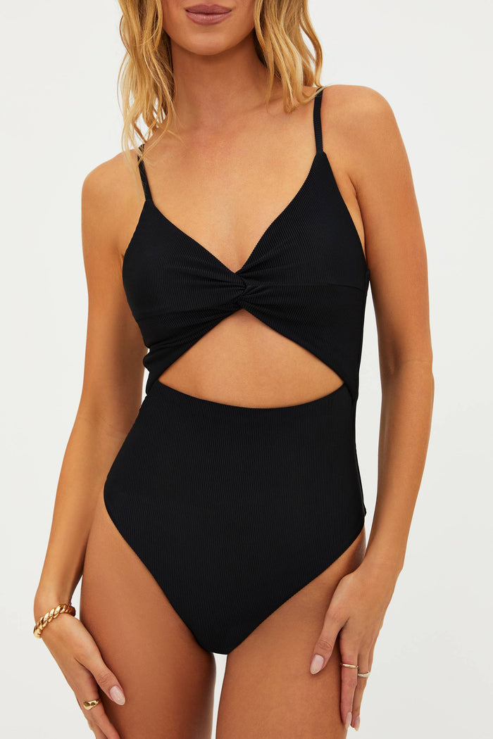 black ribbed one piece swim suit with cut out