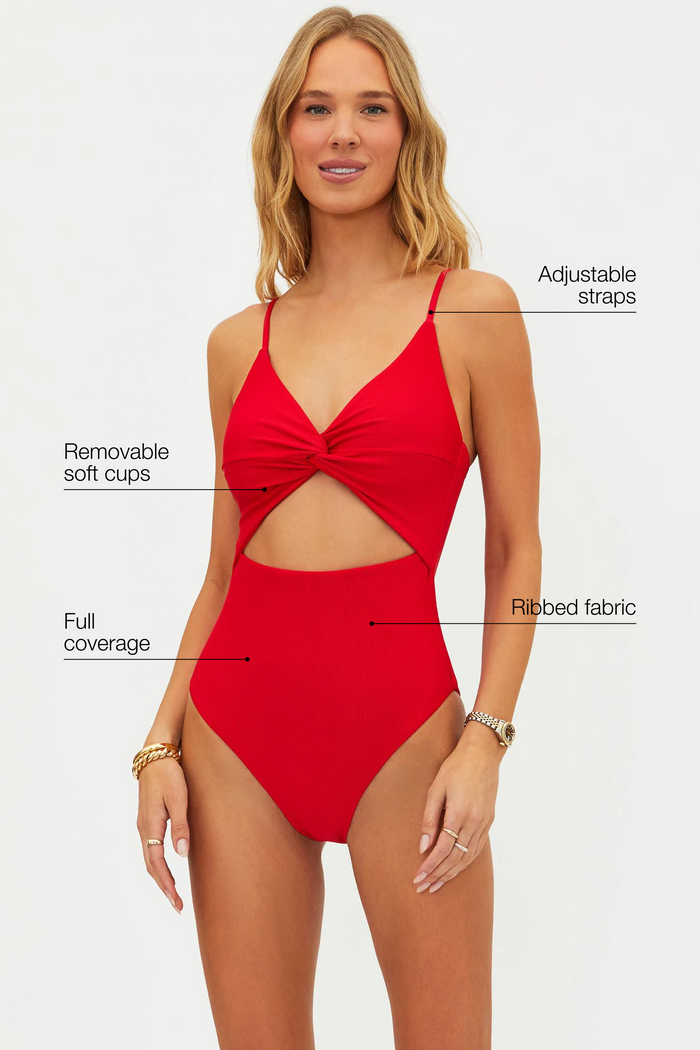 red ribbed cut out one piece swimsuit