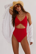red ribbed cut out one piece swimsuit