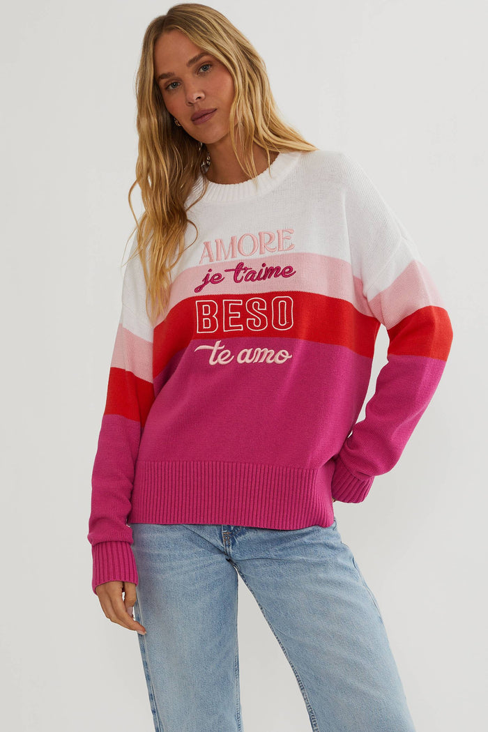 Colorblock sweater that says "Amore, Je taime, Beso, te amo"
