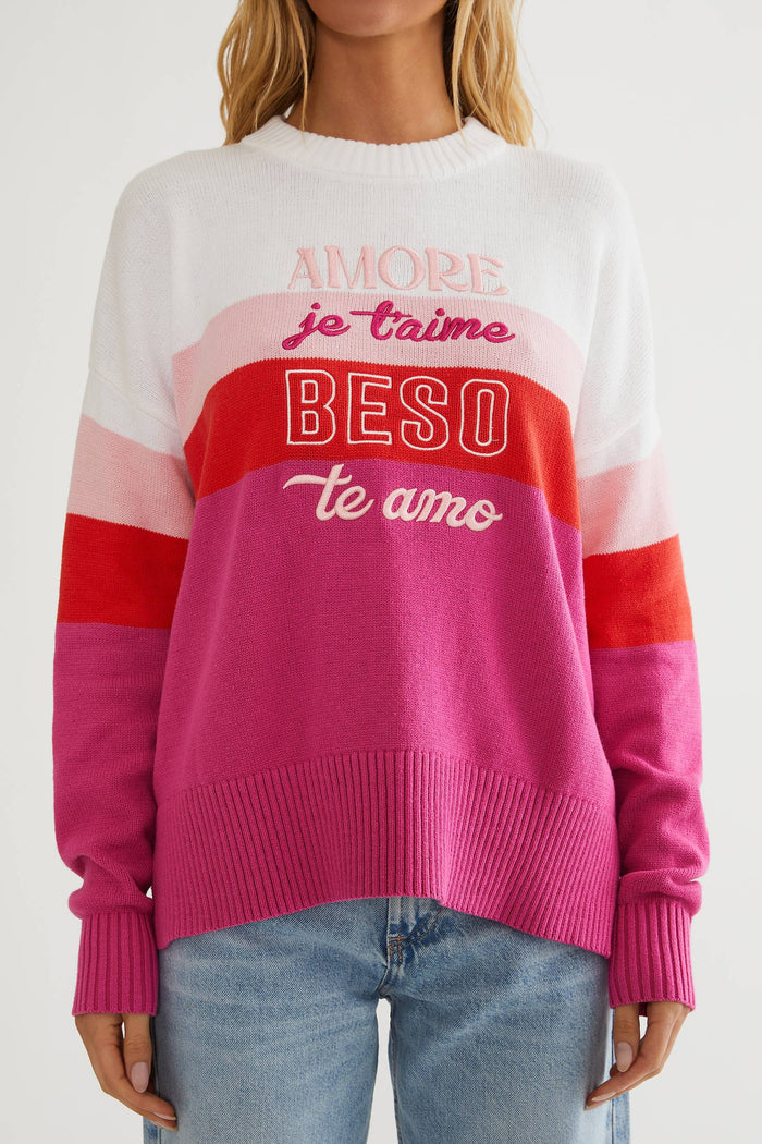 Colorblock sweater that says "Amore, Je taime, Beso, te amo"