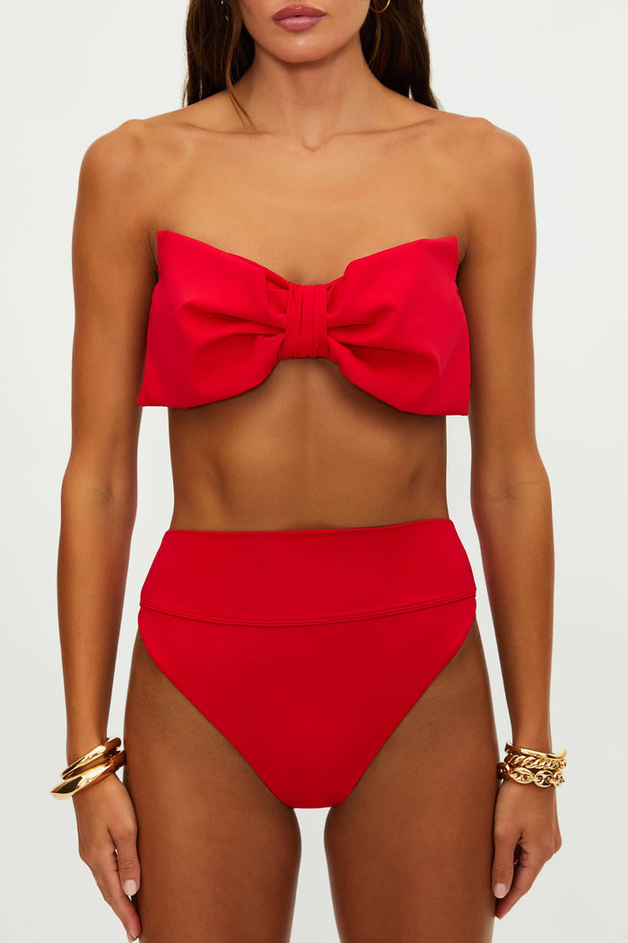 Red strapless bikini top and high-waisted bottoms on a white background